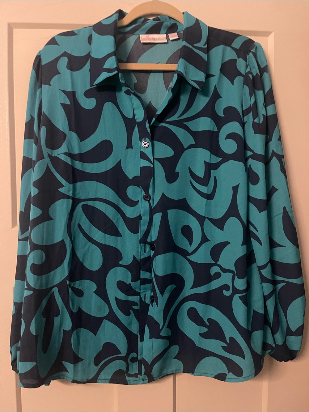 Belle by Kim Gravel Teal and Navy Patterned Button-Up Blouse